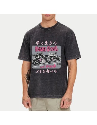 Live Fast Eat Trash Raccoon Japanese Washed T-Shirt