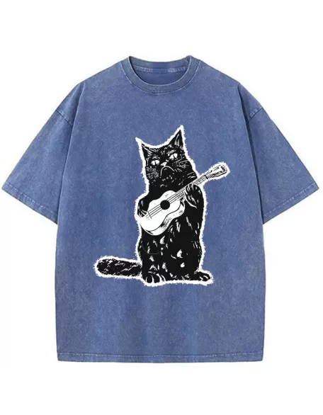 Cat Playing Guitar Washed T-Shirt