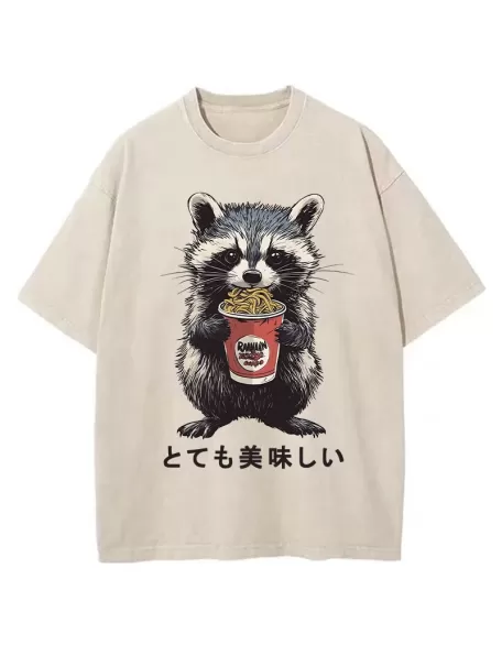 Cute Raccoon Eating Ramen Japanese Washed T-Shirt