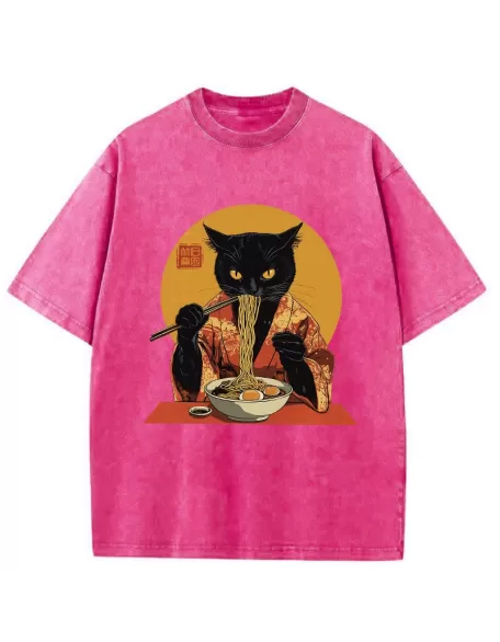 Ramen-obsessed Cat Washed T-Shirt