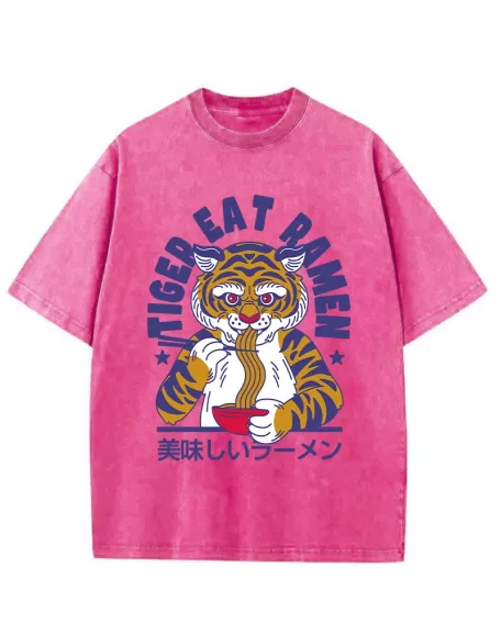 Funny Tiger Eating Ramen Washed T-Shirt