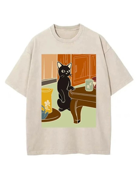 Black Cat and Tea Japanese Washed T-Shirt