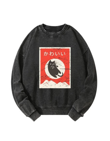 Cute Black Cat Japanese Washed Sweatshirt