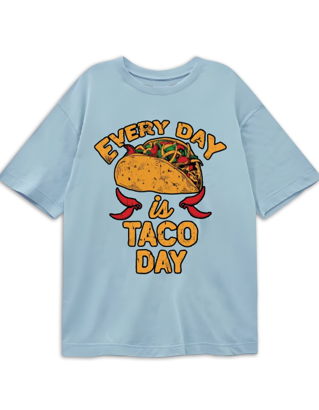 Every Day is Taco Day Print T-Shirt, Casual Short Sleeve Crew Neck Top, Polyester Elastane Blend, Regular Fit, Tribal Pattern, All Season, Women'S Clothing