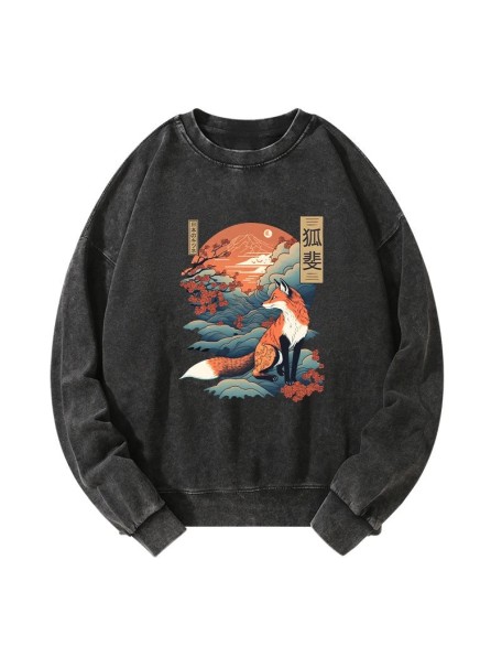 Japanese Kitsune Fox Sakura Washed Sweatshirt
