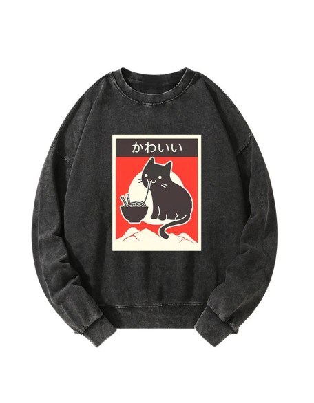 "Kawaii" Vintage Style Japenese Ramen Cat Washed Sweatshirt