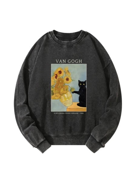 Black Cat With Sunflowers Washed Sweatshirt
