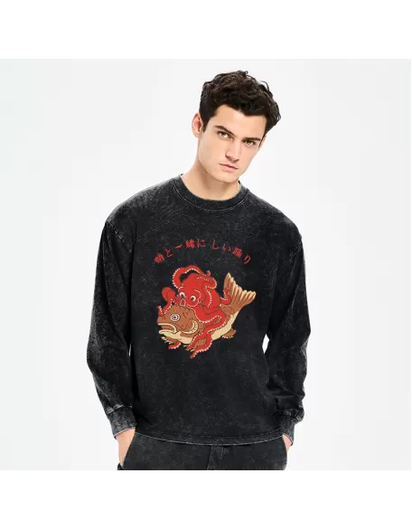 Octopus And Koi Dance Together Washed Long Sleeve T-Shirt