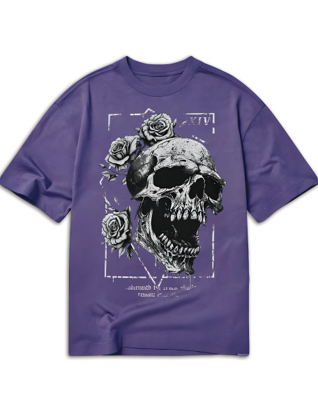 Goth Skull & Floral Print Drop Shoulder Tee, School, Unisex