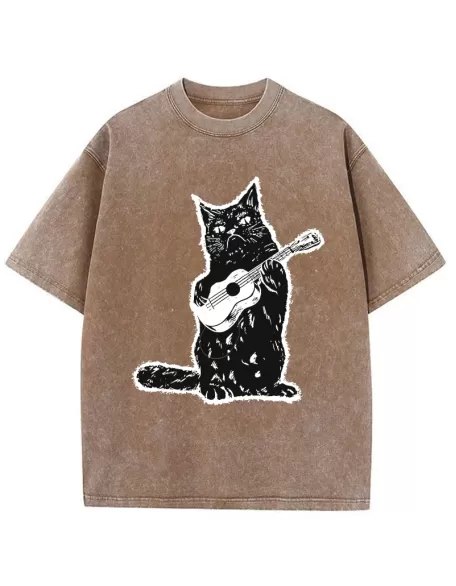 Cat Playing Guitar Washed T-Shirt