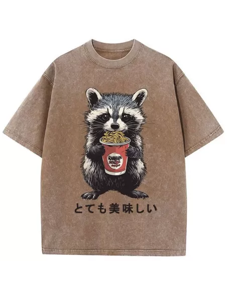 Cute Raccoon Eating Ramen Japanese Washed T-Shirt
