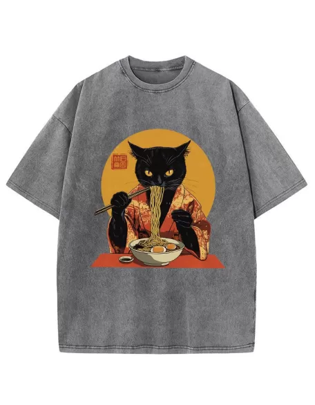 Ramen-obsessed Cat Washed T-Shirt