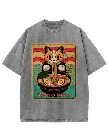 Retro Cat Eating Ramen Japan Washed T-Shirt