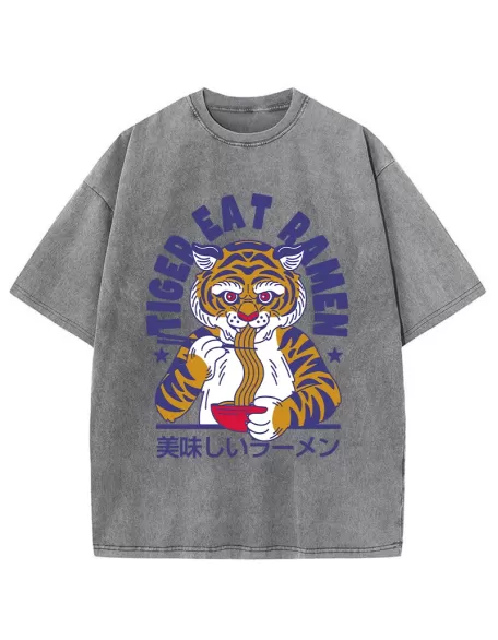Funny Tiger Eating Ramen Washed T-Shirt