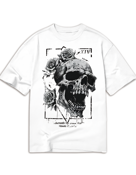 Goth Skull & Floral Print Drop Shoulder Tee, School, Unisex