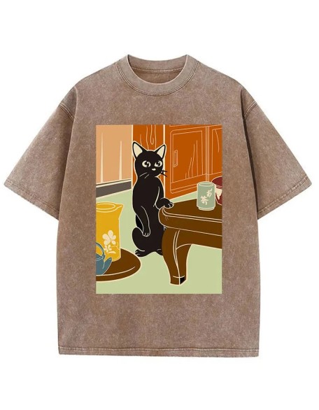 Black Cat and Tea Japanese Washed T-Shirt