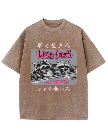 Live Fast Eat Trash Raccoon Japanese Washed T-Shirt