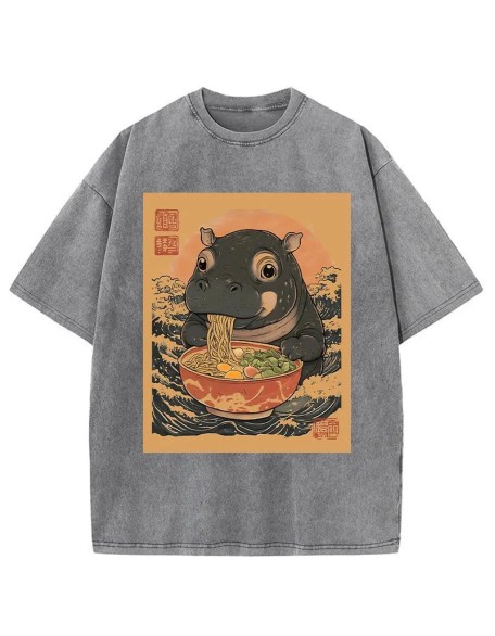 Moo Deng Eat Ramen Washed T-Shirt