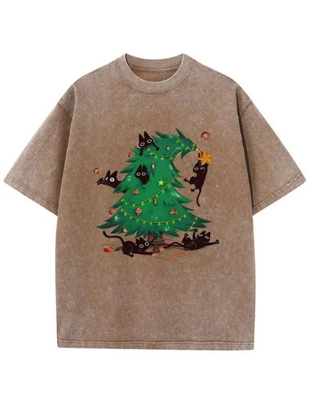 Cat Hiding In The Christmas Tree Washed T-Shirt