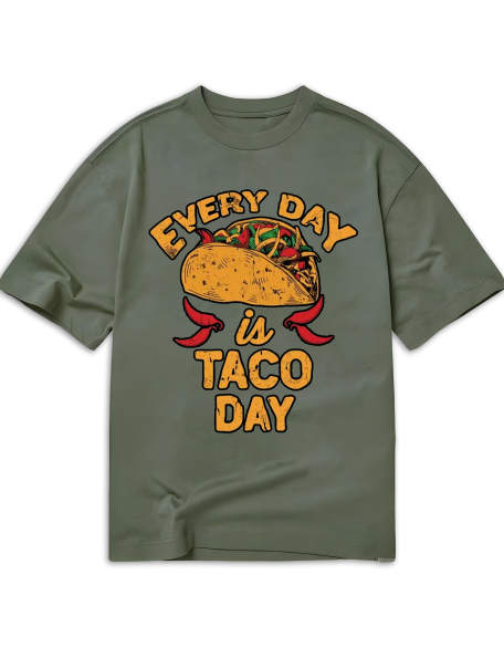 Every Day is Taco Day Print T-Shirt, Casual Short Sleeve Crew Neck Top, Polyester Elastane Blend, Regular Fit, Tribal Pattern, All Season, Women'S Clothing