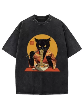 Ramen-obsessed Cat Washed T-Shirt