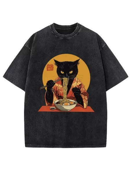 Ramen-obsessed Cat Washed T-Shirt