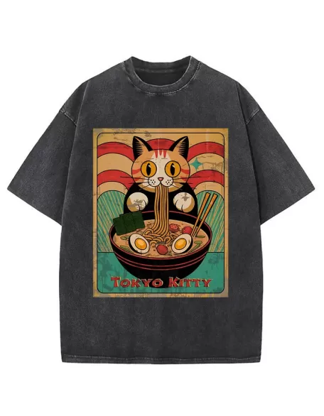 Retro Cat Eating Ramen Japan Washed T-Shirt