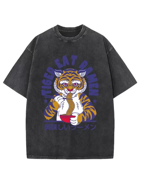 Funny Tiger Eating Ramen Washed T-Shirt