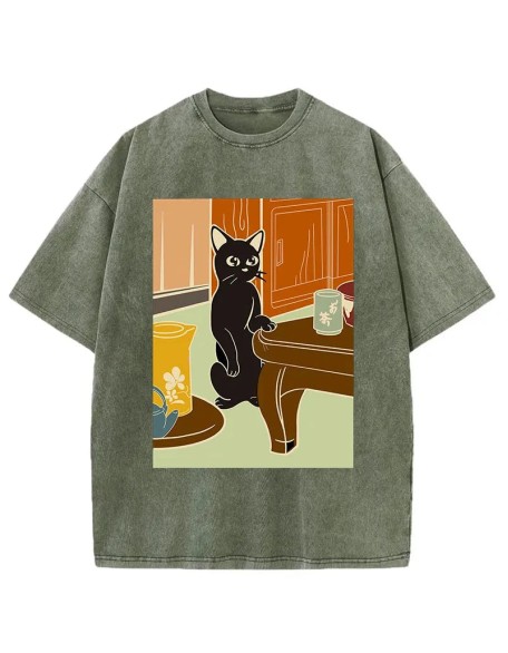 Black Cat and Tea Japanese Washed T-Shirt