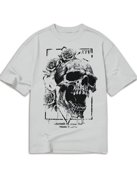 Goth Skull & Floral Print Drop Shoulder Tee, School, Unisex