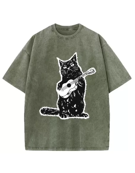 Cat Playing Guitar Washed T-Shirt
