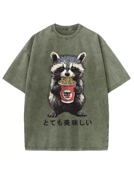 Cute Raccoon Eating Ramen Japanese Washed T-Shirt