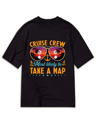 Men's Cruise Crew Nap Graphic T-Shirt - "Most Likely to Take a Nap" Design with Fashion Glasses & Palm Tree Art, 100% Cotton, Casual Round Neck Short Sleeve, Black, S-XXXL