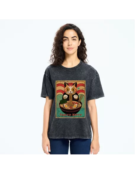 Retro Cat Eating Ramen Japan Washed T-Shirt