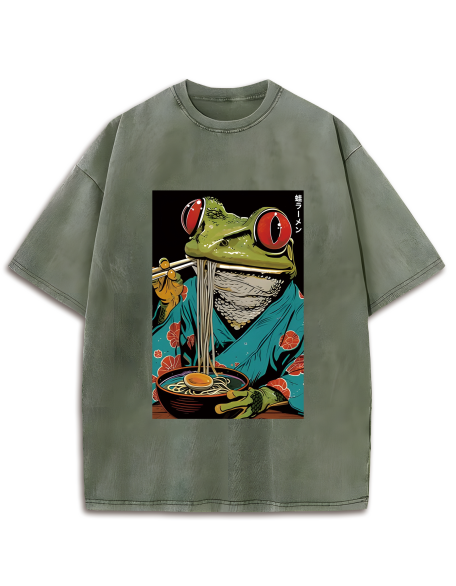 Frog Monster Eating Ramen Washed T-Shirt