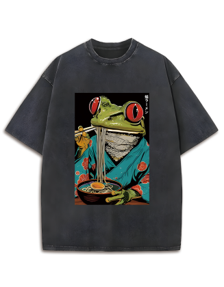 Frog Monster Eating Ramen Washed T-Shirt