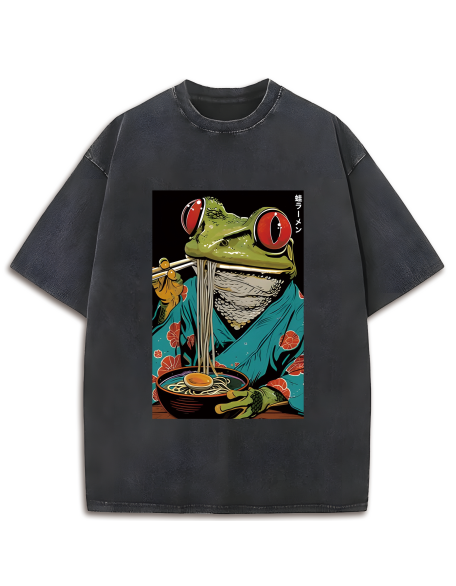 Frog Monster Eating Ramen Washed T-Shirt