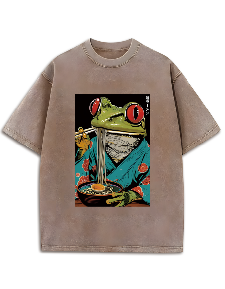Frog Monster Eating Ramen Washed T-Shirt