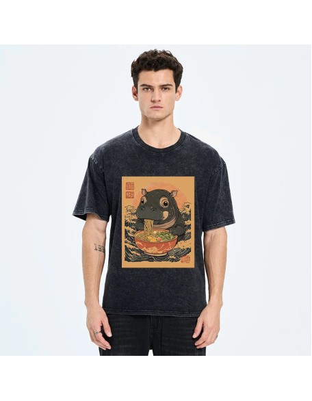 Moo Deng Eat Ramen Washed T-Shirt