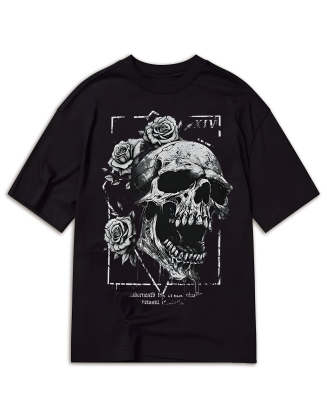Goth Skull & Floral Print Drop Shoulder Tee, School, Unisex