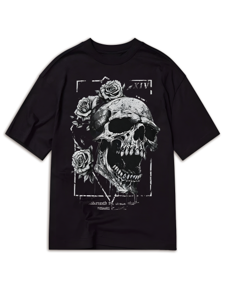 Goth Skull & Floral Print Drop Shoulder Tee, School, Unisex