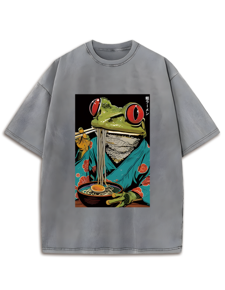 Frog Monster Eating Ramen Washed T-Shirt