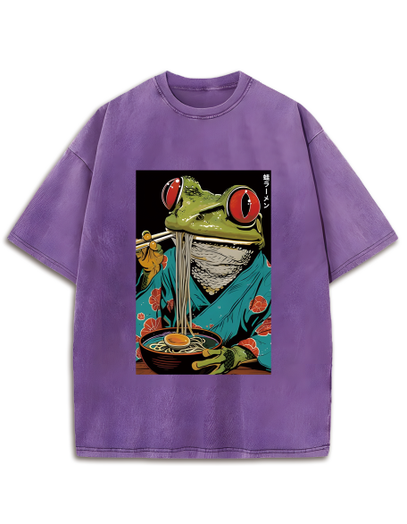 Frog Monster Eating Ramen Washed T-Shirt
