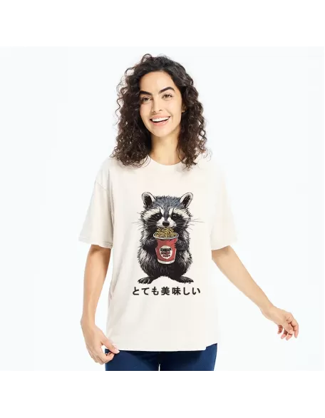 Cute Raccoon Eating Ramen Japanese Washed T-Shirt
