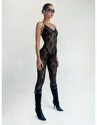 Floral Embroidery Sheer Mesh Lace up Skinny Teddy