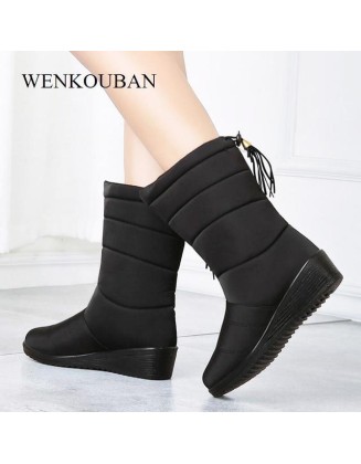 Waterproof Mid-Calf Down Warm Ladies Snow Bootie Wedge Rubber Plush Boots