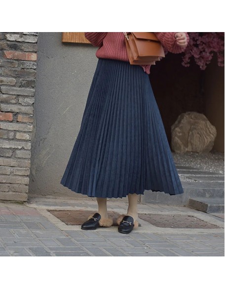 Women's Elegant Suede Pleated Midi Skirt