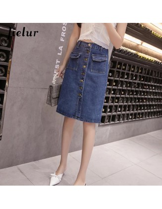 High Waist Denim Buttons Pockets Classic Jeans Skirt