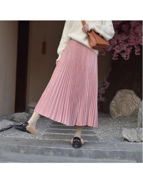 Women's Elegant Suede Pleated Midi Skirt