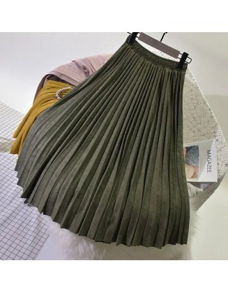 Women's Elegant Suede Pleated Midi Skirt